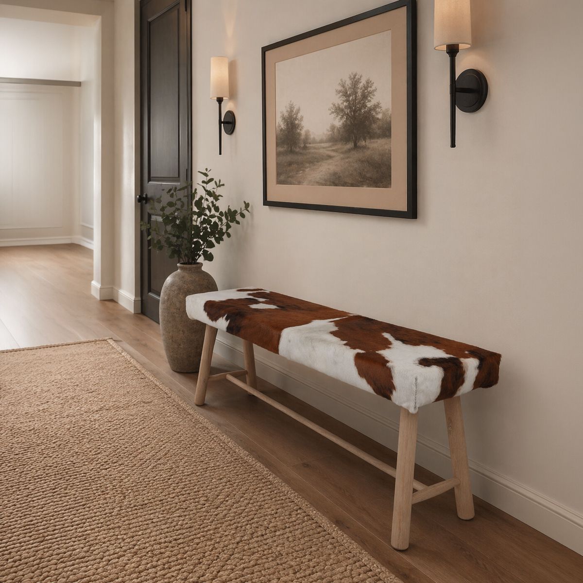 Cowhide Bench | Oak Legs Black/White