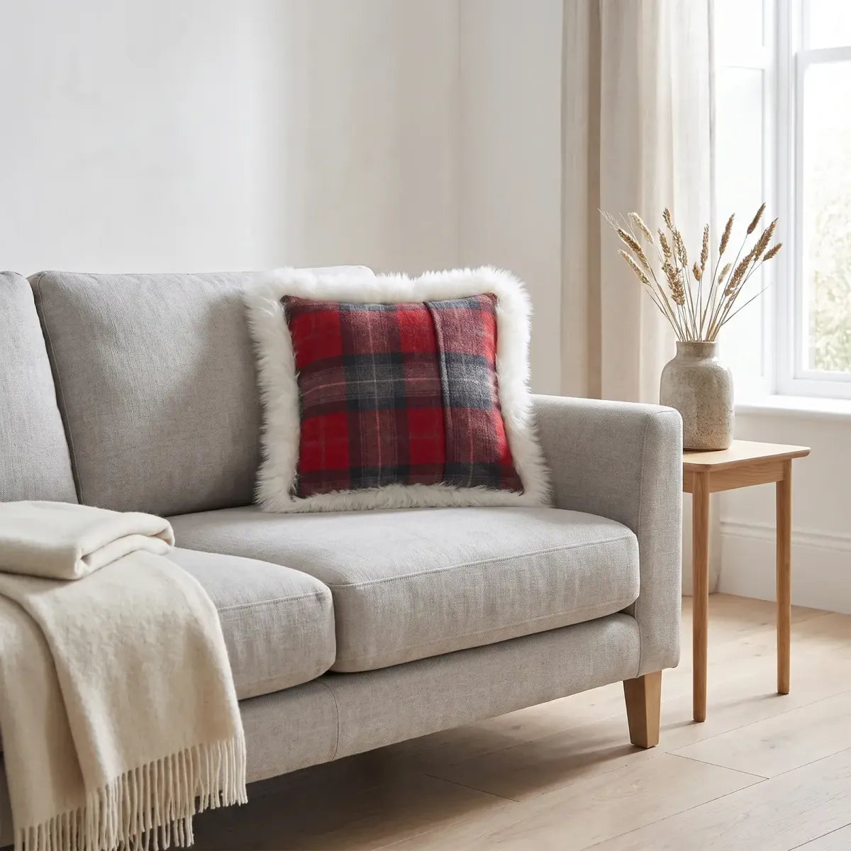 Sheepskin and Wool Cushion | Long Wool | 20x20 in Lindsay Tartan/Ivory