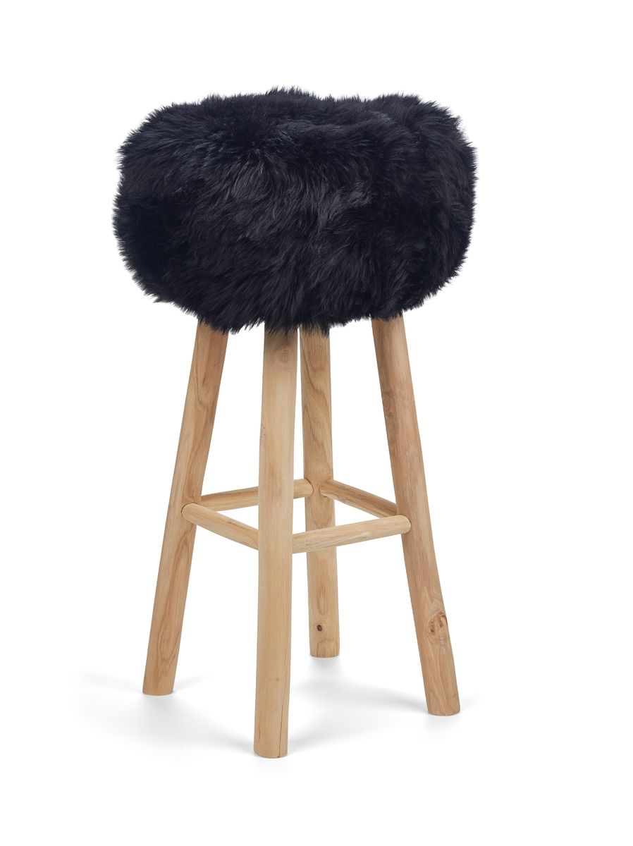 Theo Bar Stool + Cover | Oak Legs | New Zealand Sheepskin Black