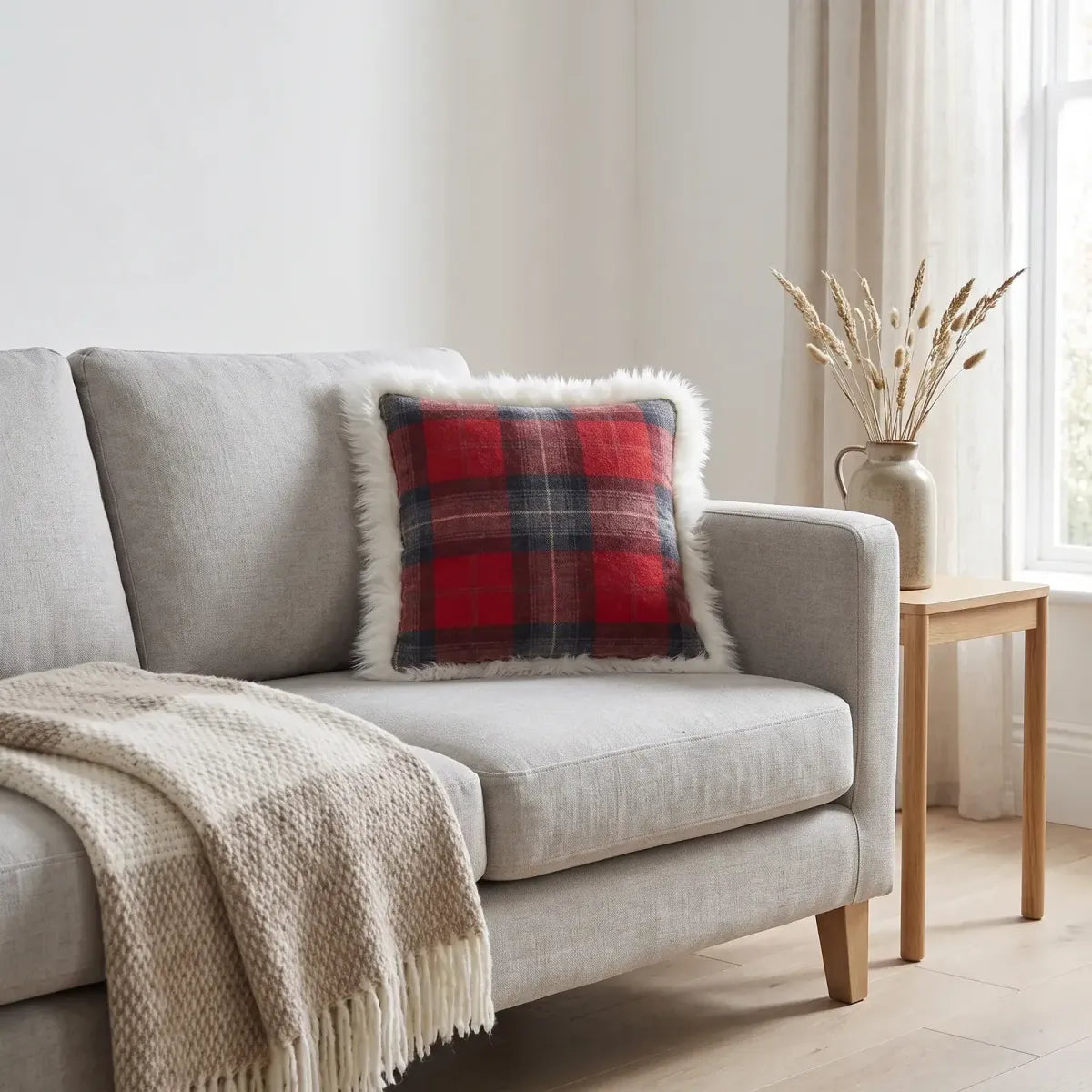 Sheepskin and Wool Cushion | Long Wool | 20x20 in Lindsay Tartan/Ivory