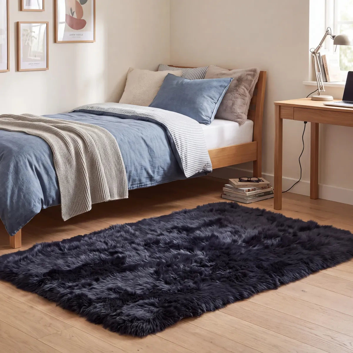Long Wool Sheepskin Design Rug Navy