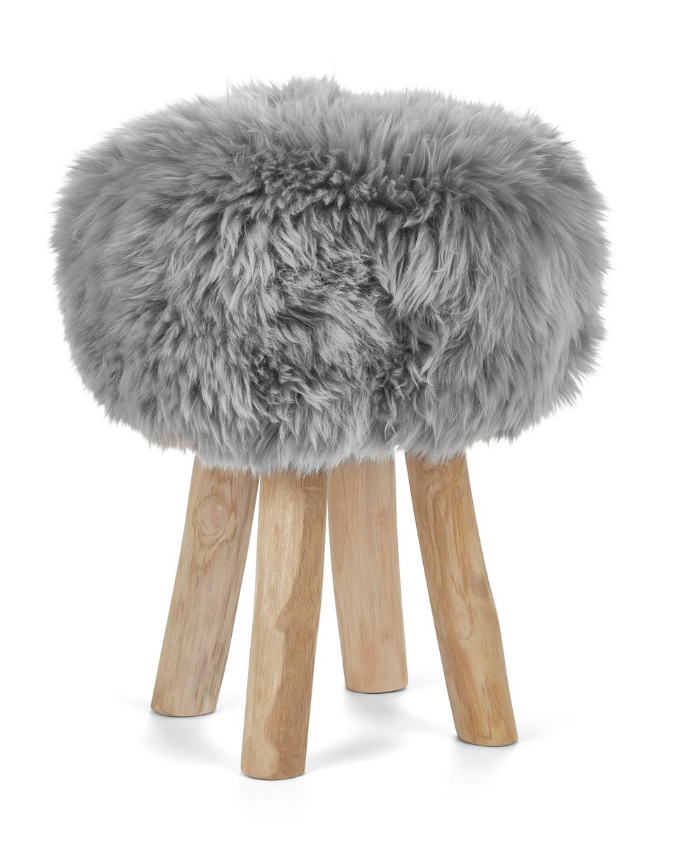 Theo Stool + Cover | Oak Legs | New Zealand Sheepskin Light Grey