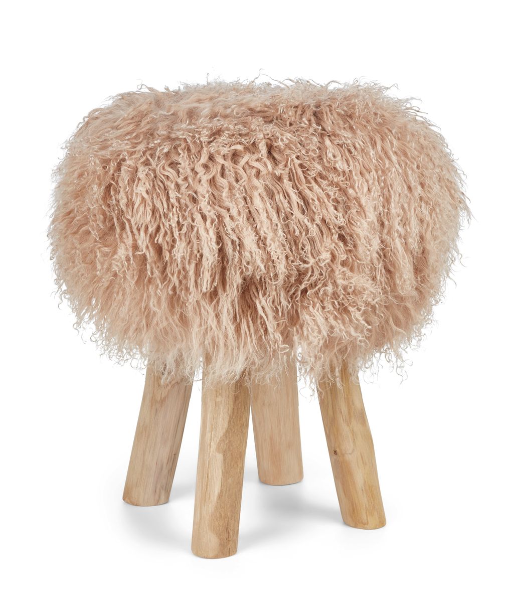 Theo Stool + Cover | Oak Legs | Mongolian Sheepskin Warm Sand