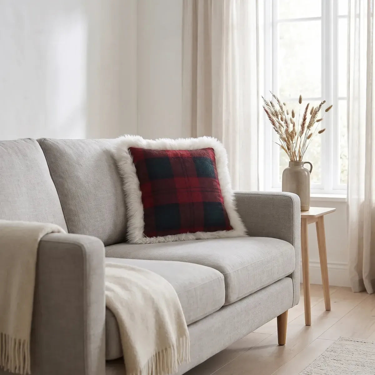 Sheepskin and Wool Cushion | Long Wool | 20x20 in Lindsay Tartan/Ivory