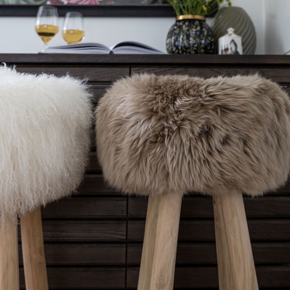 Theo Stool + Cover | Oak Legs | New Zealand Sheepskin Hedge Green