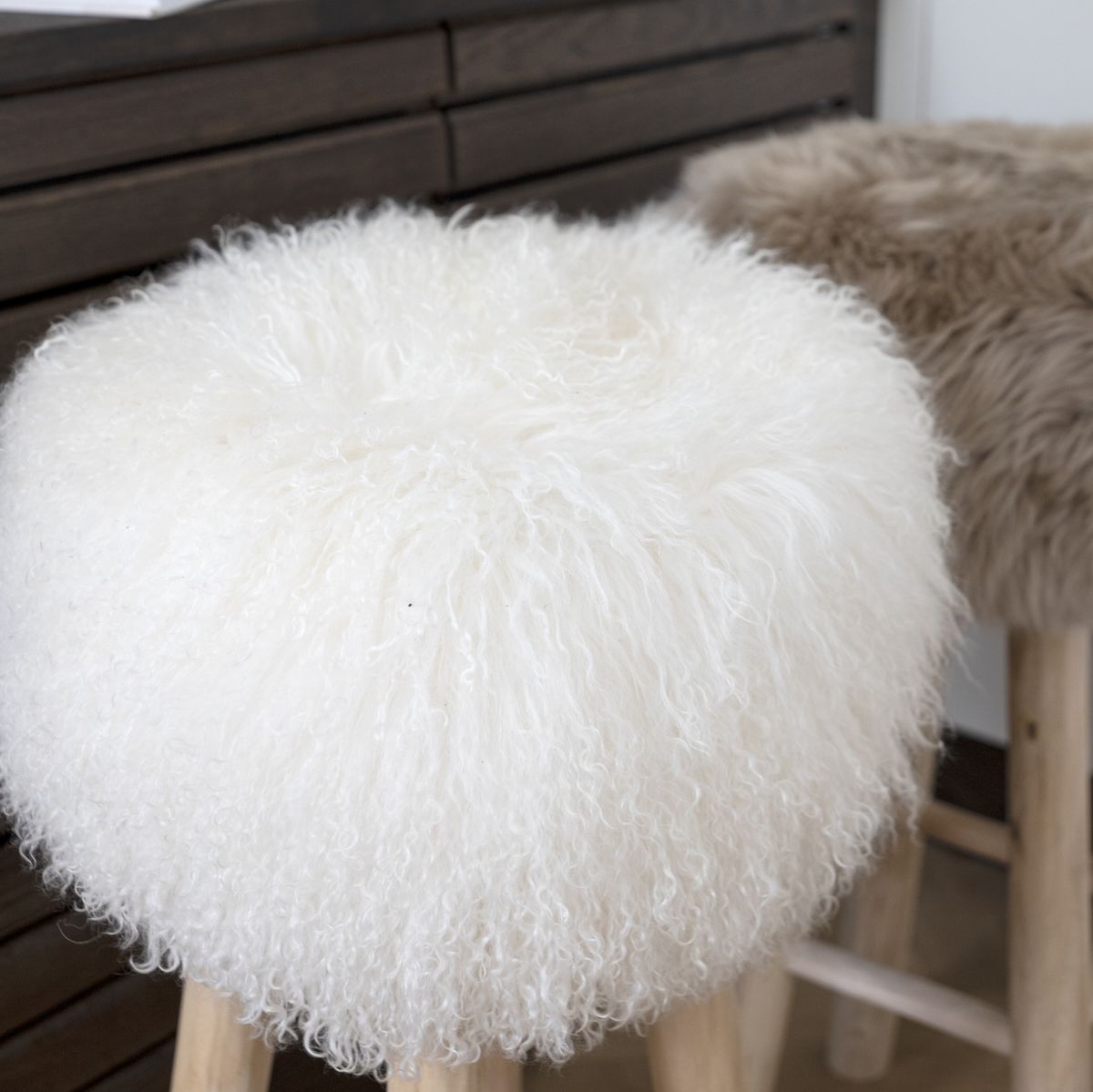 Theo Bar Stool + Cover | Oak Legs | Tibet Sheepskin Arctic Sunrise