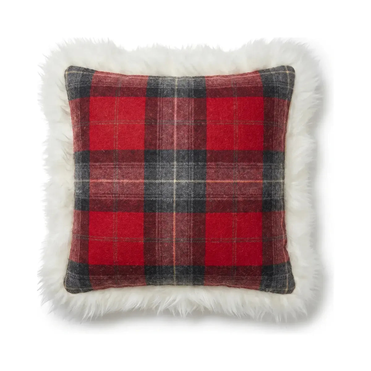 Sheepskin and Wool Cushion | Long Wool | 20x20 in Skye Red Tartan/Ivory