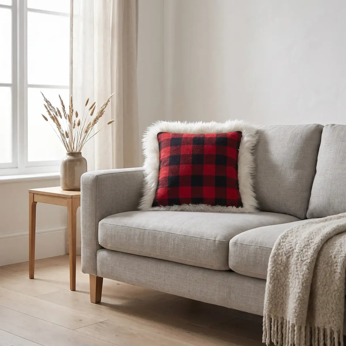 Sheepskin and Wool Cushion | Long Wool | 20x20 in Lindsay Tartan/Ivory